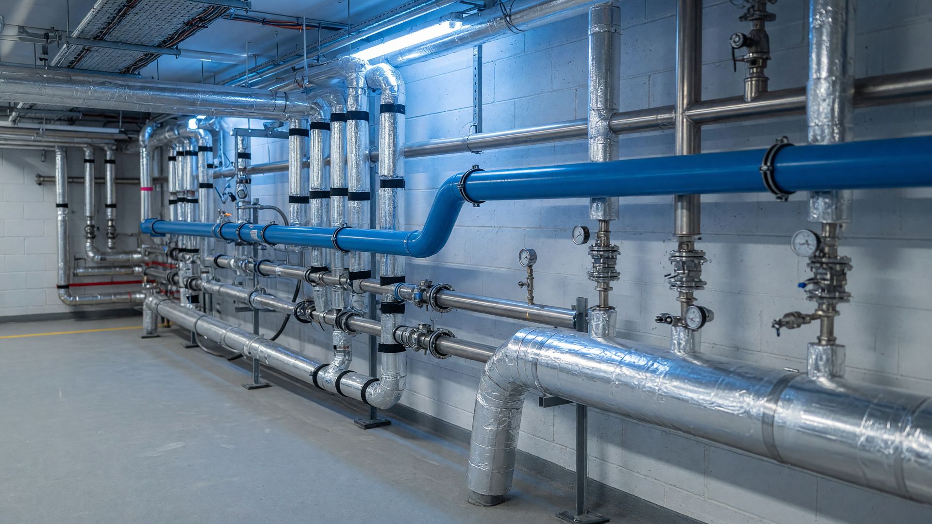 Technikraum mit gedämmten Rohrleitungen und blauen Wasserleitungen